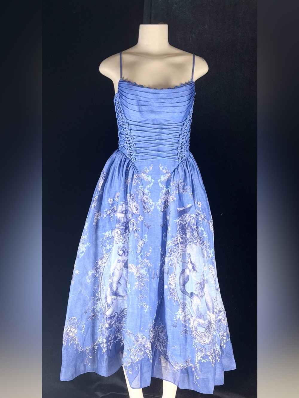 Zimmermann Periwinkle Blue Floral Lace-Up Midi Dress